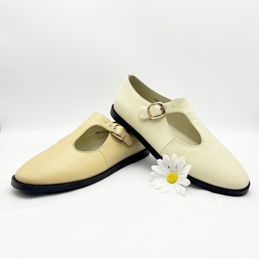 Retro-Style Beige T-Strap Mary Jane Flats